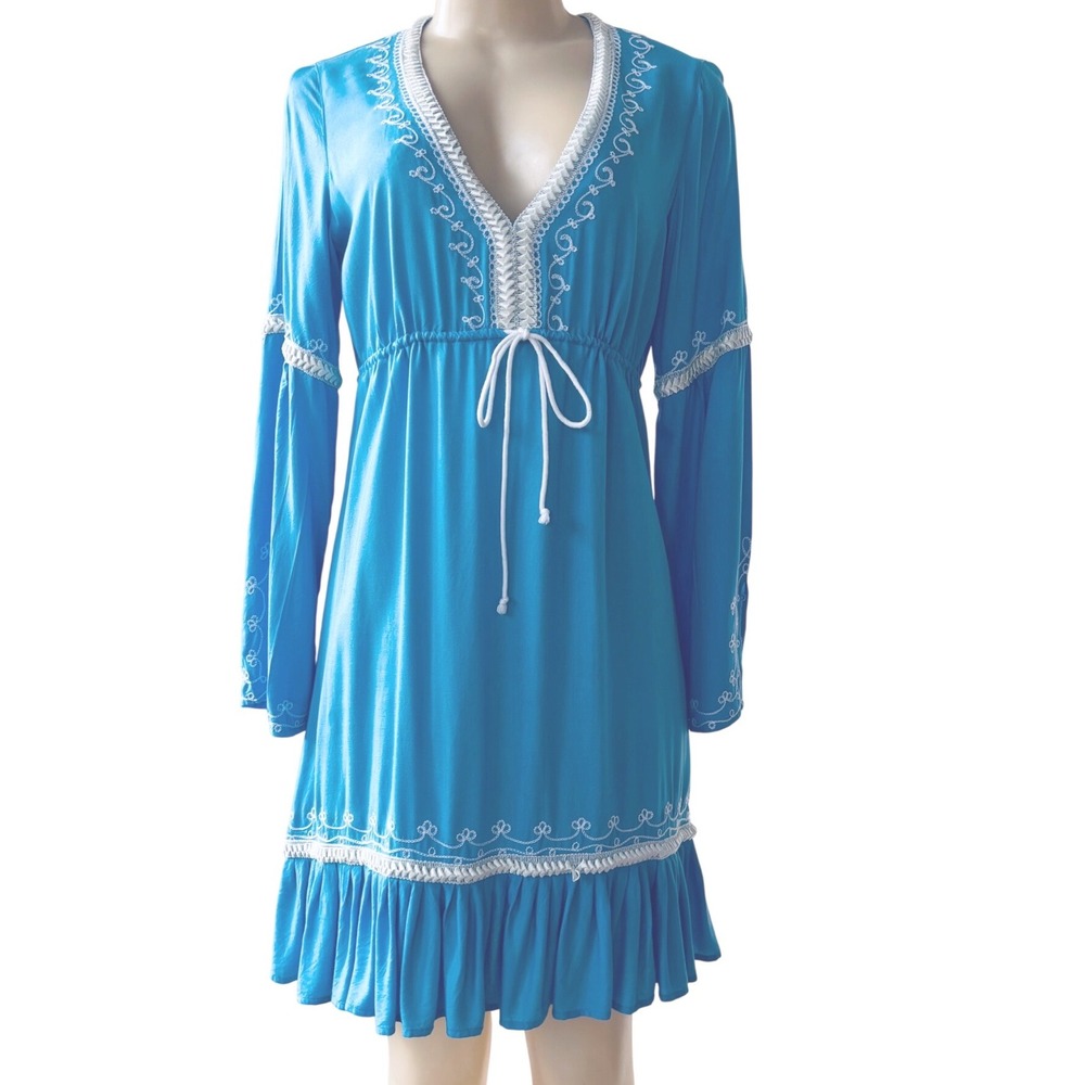 Moda International Women's Small Blue Embroider Long Sleeve Ruffle Tunic Dress